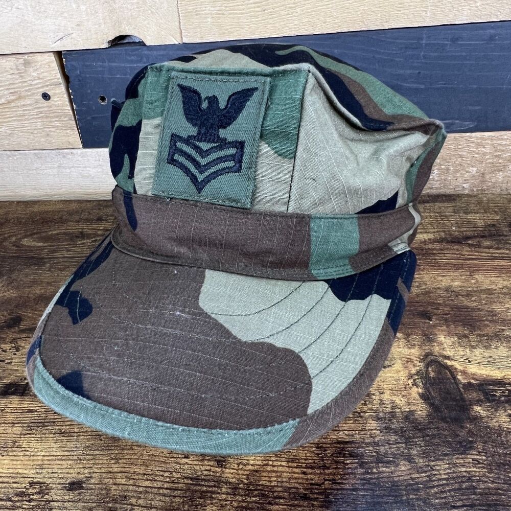 Vintage US Military Woodland Camo Utility Cap Hat E4 Petty Officer 3rd Class Med